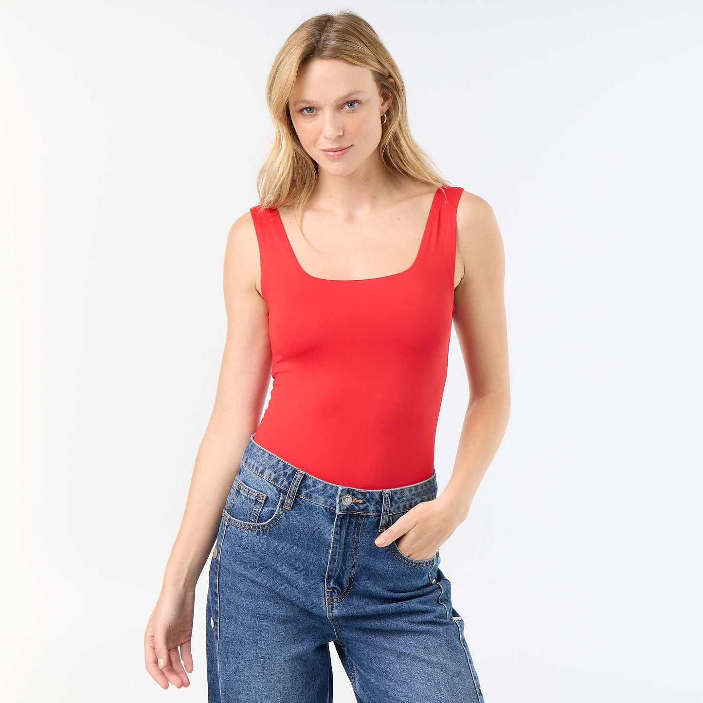 Square-neck stretch t-shirt RED