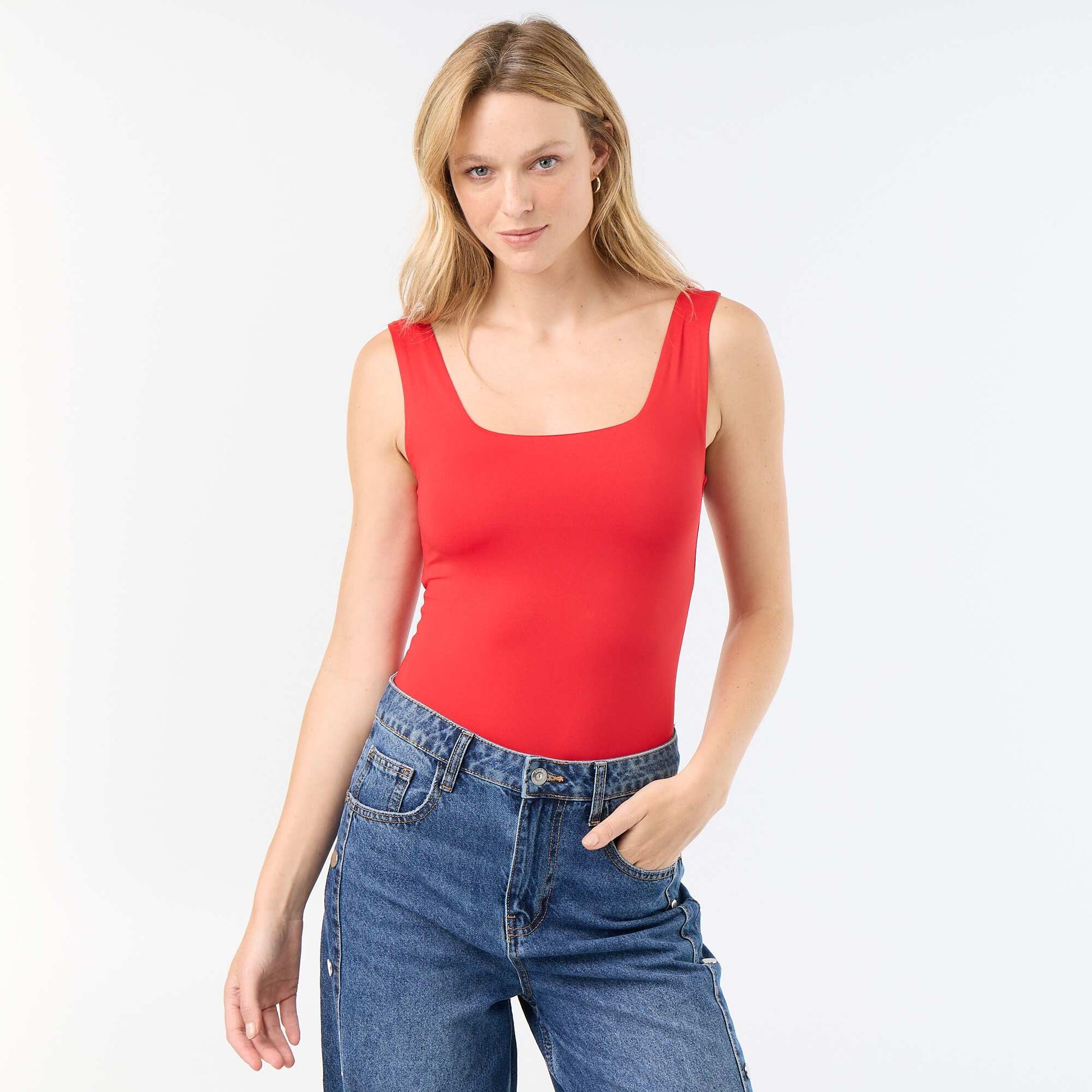 Square-neck stretch t-shirt RED