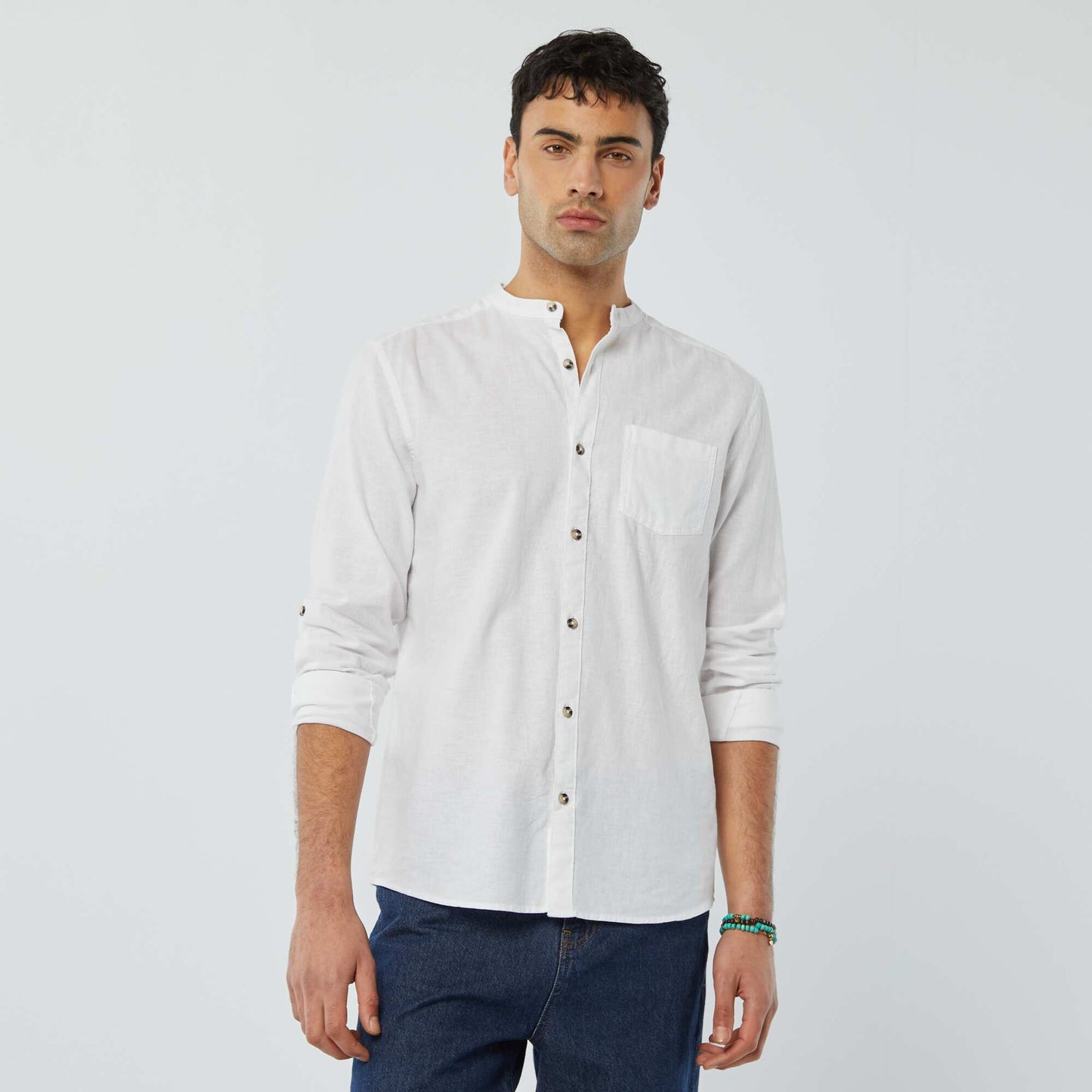 Mandarin collar shirt with linen WHITE