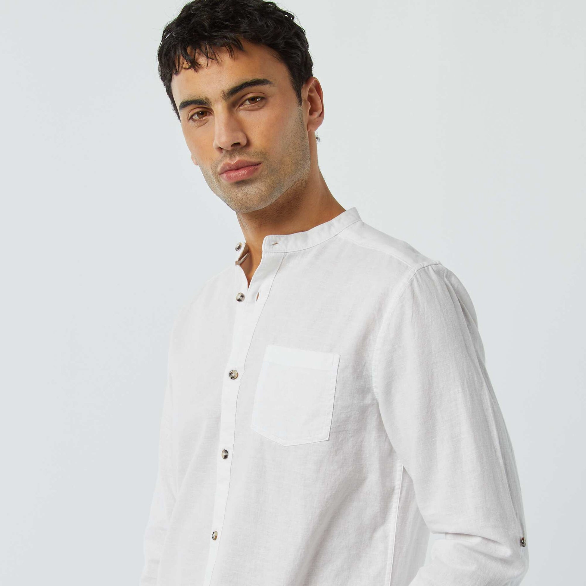 Mandarin collar shirt with linen WHITE