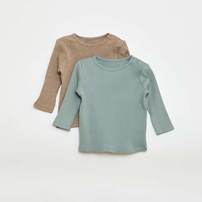 Pack of 2 plain ribbed long-sleeved T-shirts BEIGE