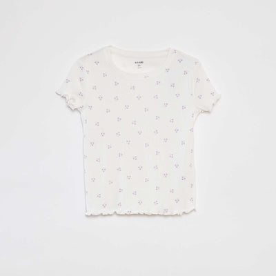 Patterned ribbed T-shirt with scalloped trim WHITE
