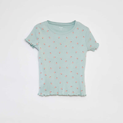 Patterned ribbed T-shirt with scalloped trim GREEN