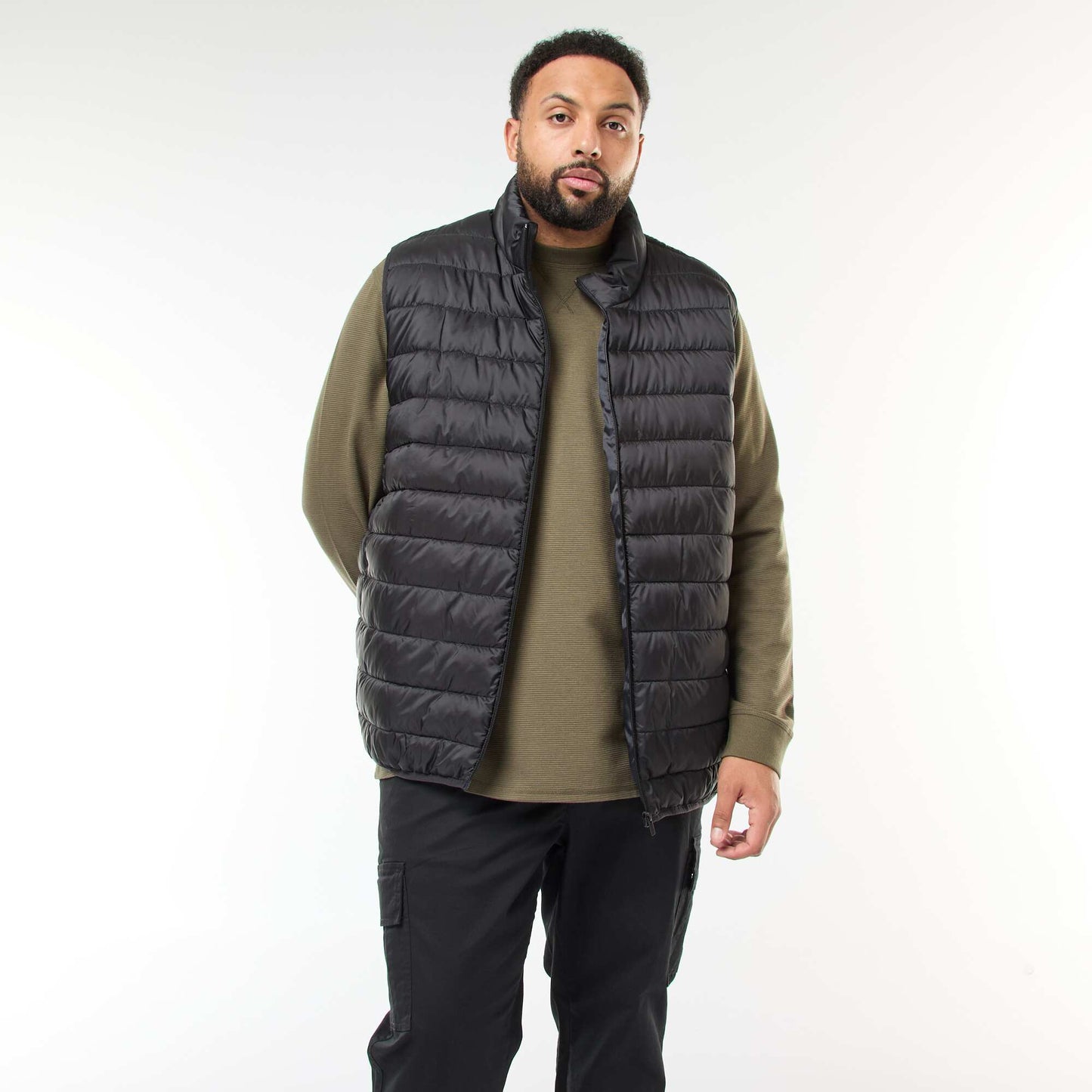 Sleeveless Light Padded Jacket with Stand-Up Collar BLACK