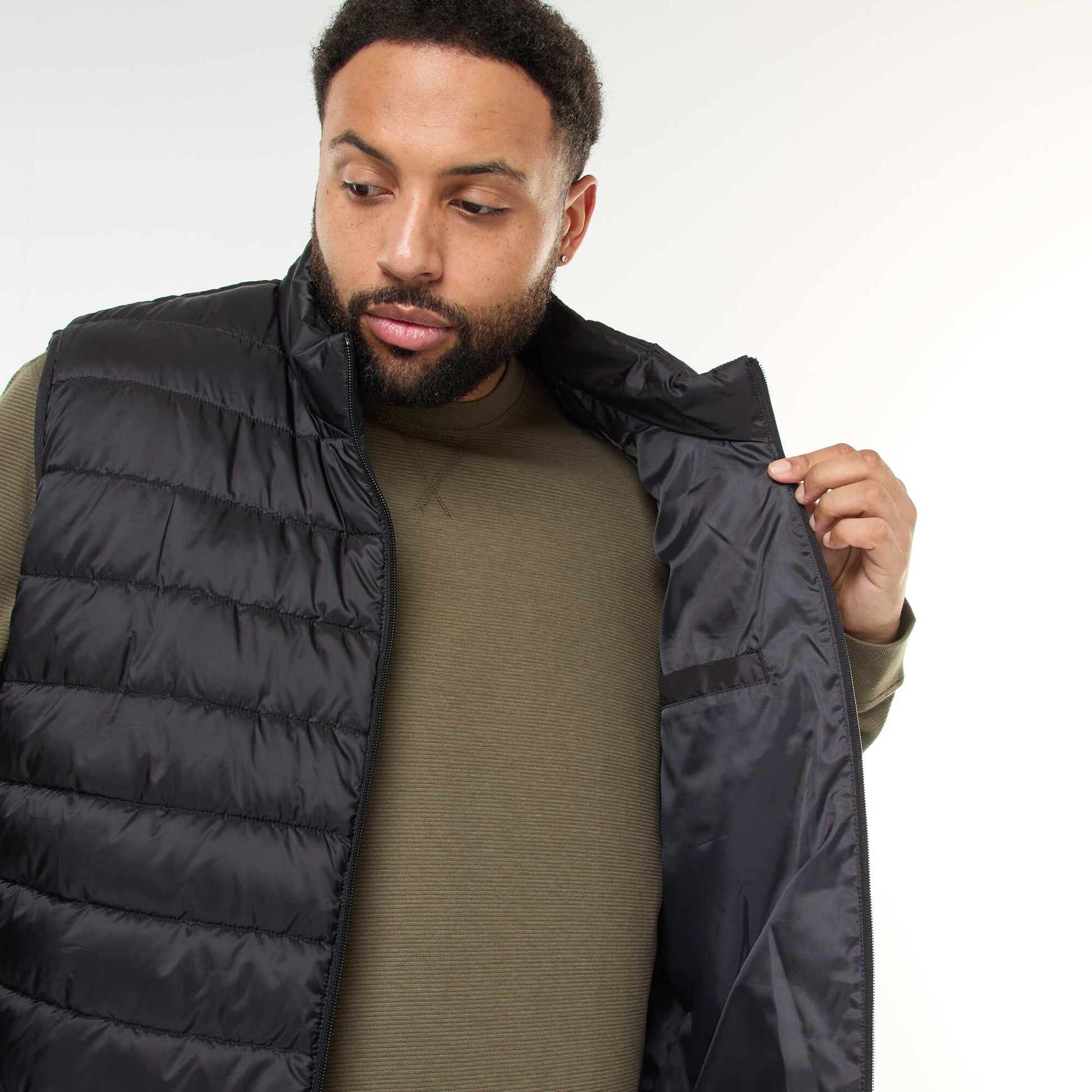 Sleeveless Light Padded Jacket with Stand-Up Collar BLACK