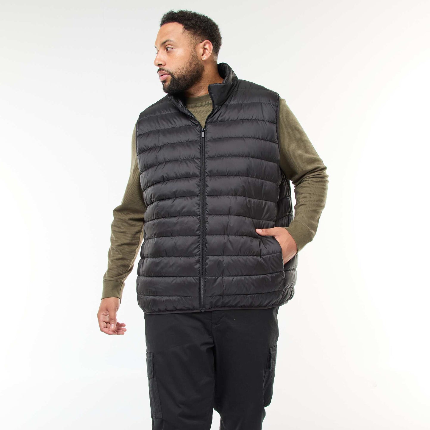 Sleeveless Light Padded Jacket with Stand-Up Collar BLACK