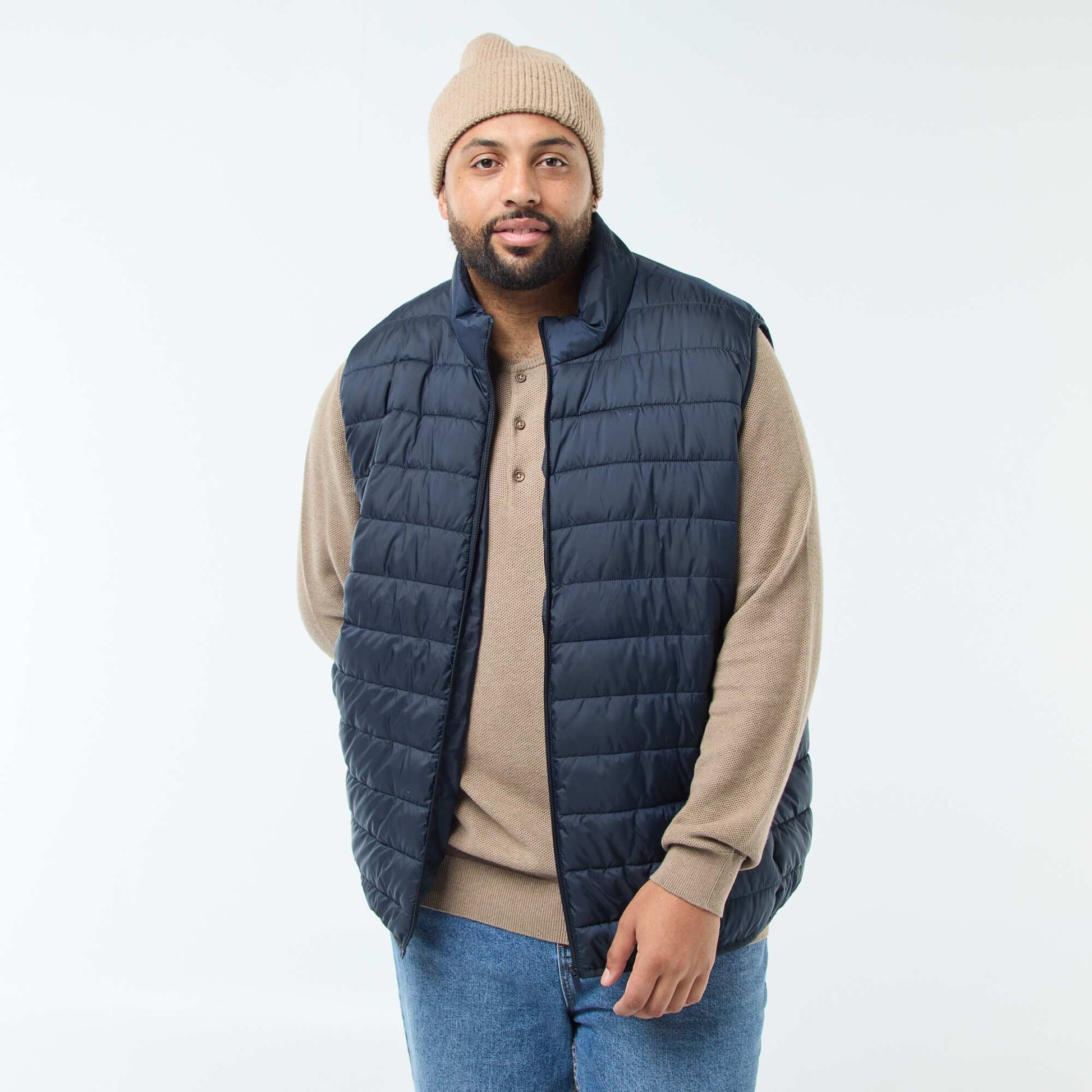 Sleeveless Light Padded Jacket with Stand-Up Collar BLUE