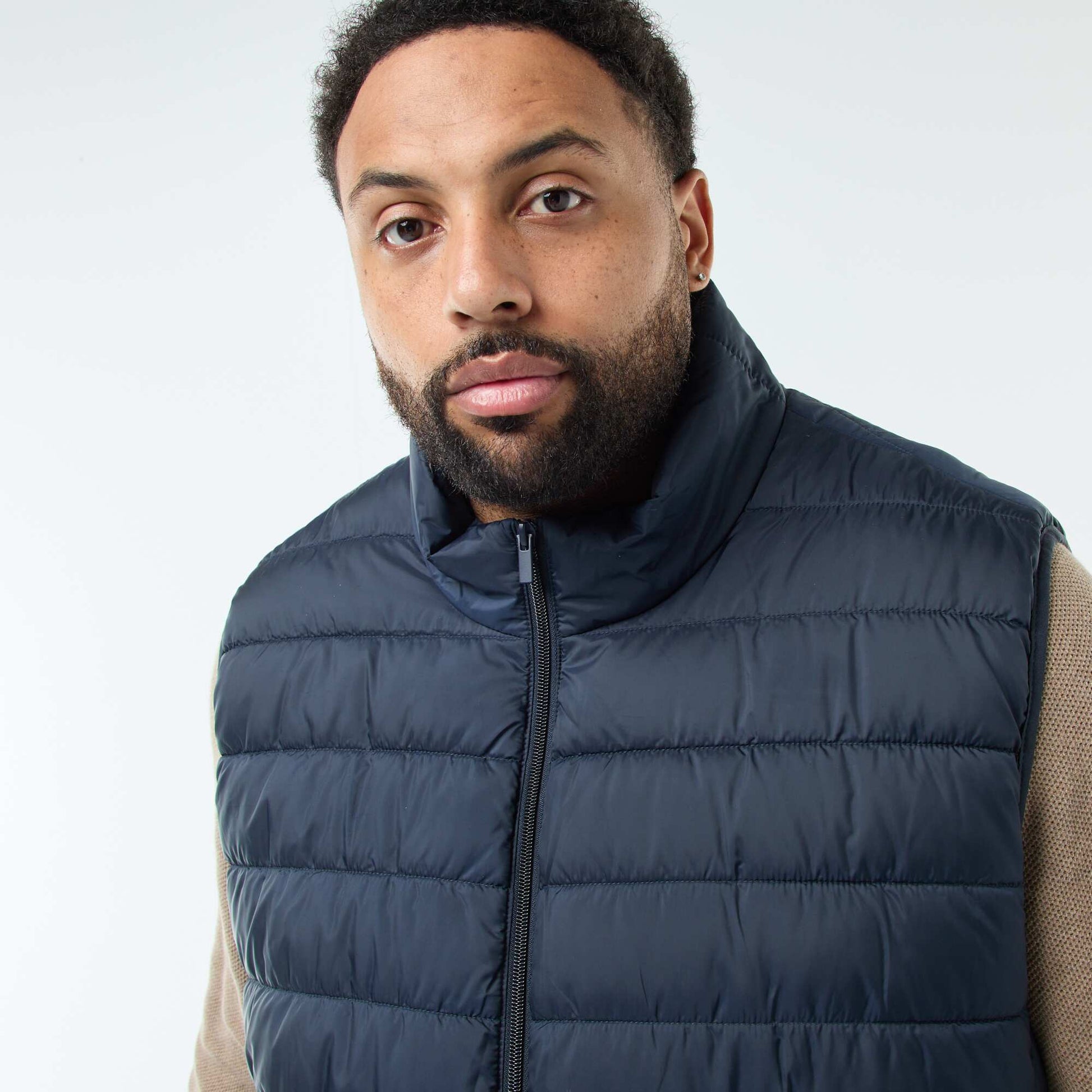 Sleeveless Light Padded Jacket with Stand-Up Collar BLUE