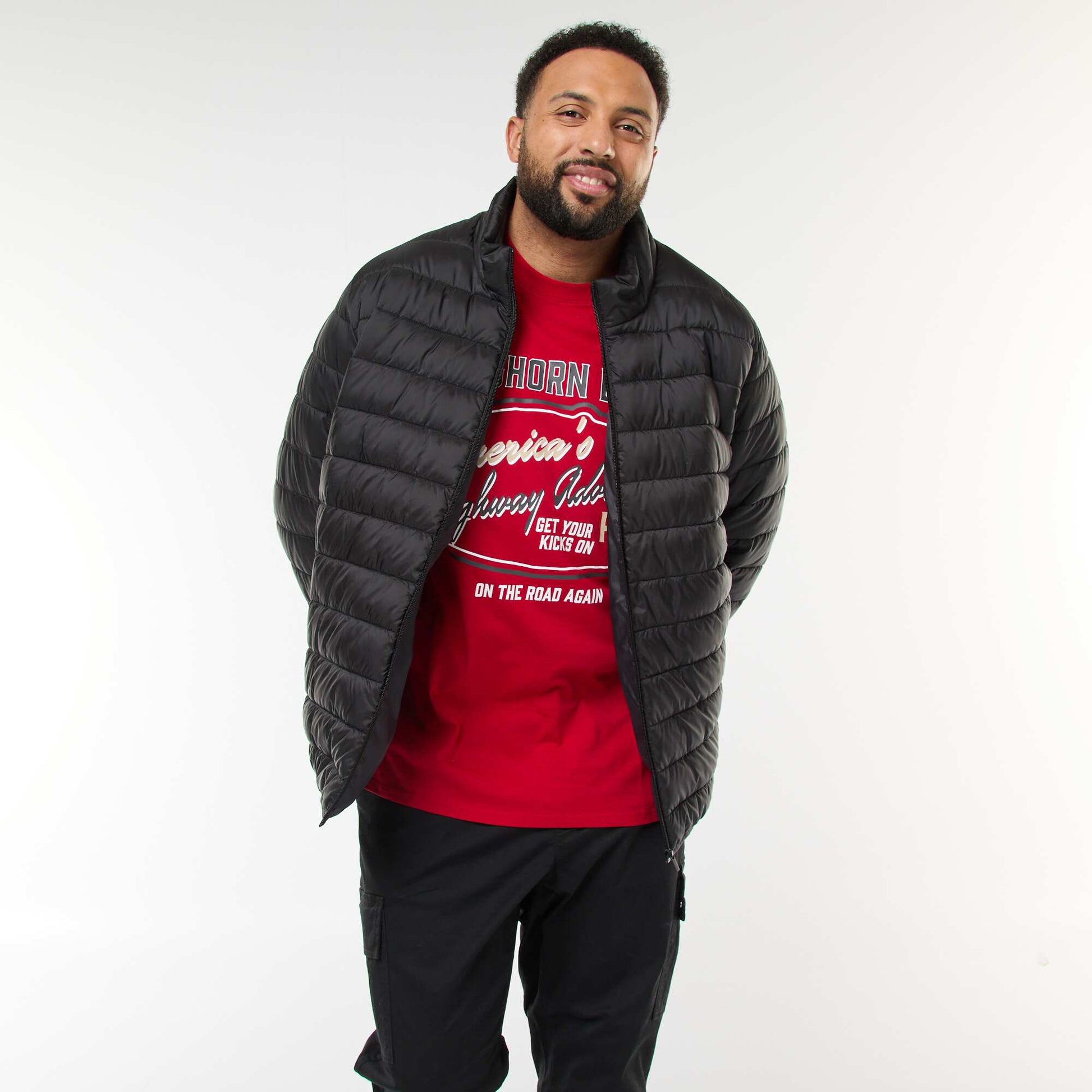 Lightweight Solid Puffer Jacket with Long Sleeves and Stand-Up Collar BLACK