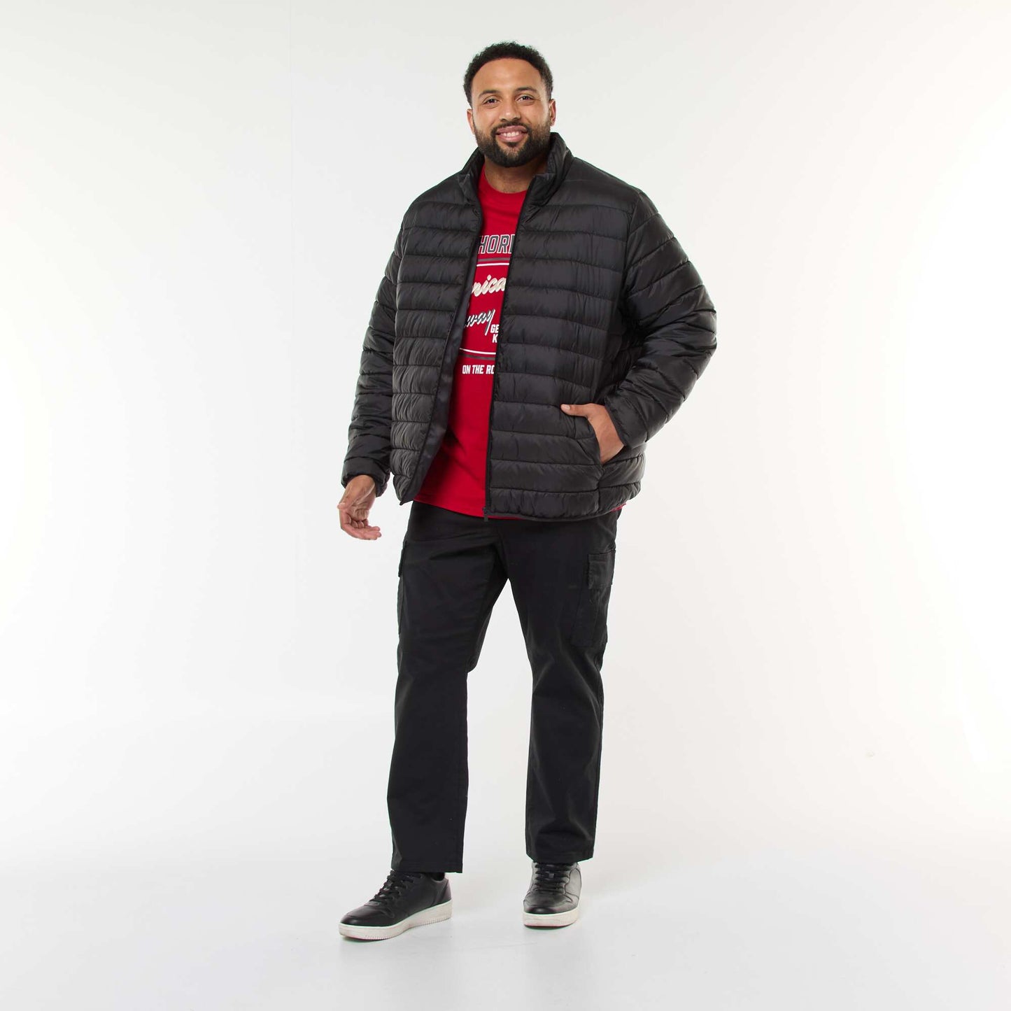 Lightweight Solid Puffer Jacket with Long Sleeves and Stand-Up Collar BLACK