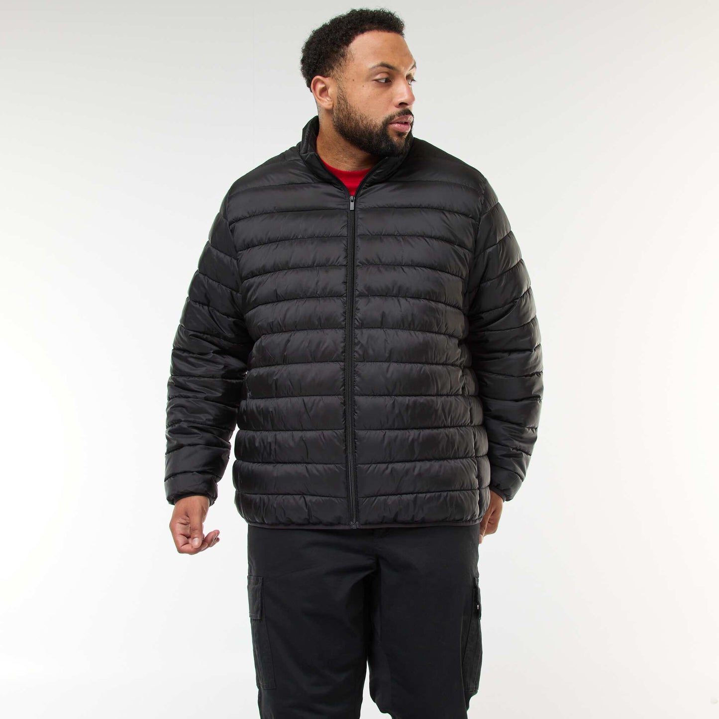 Lightweight Solid Puffer Jacket with Long Sleeves and Stand-Up Collar BLACK
