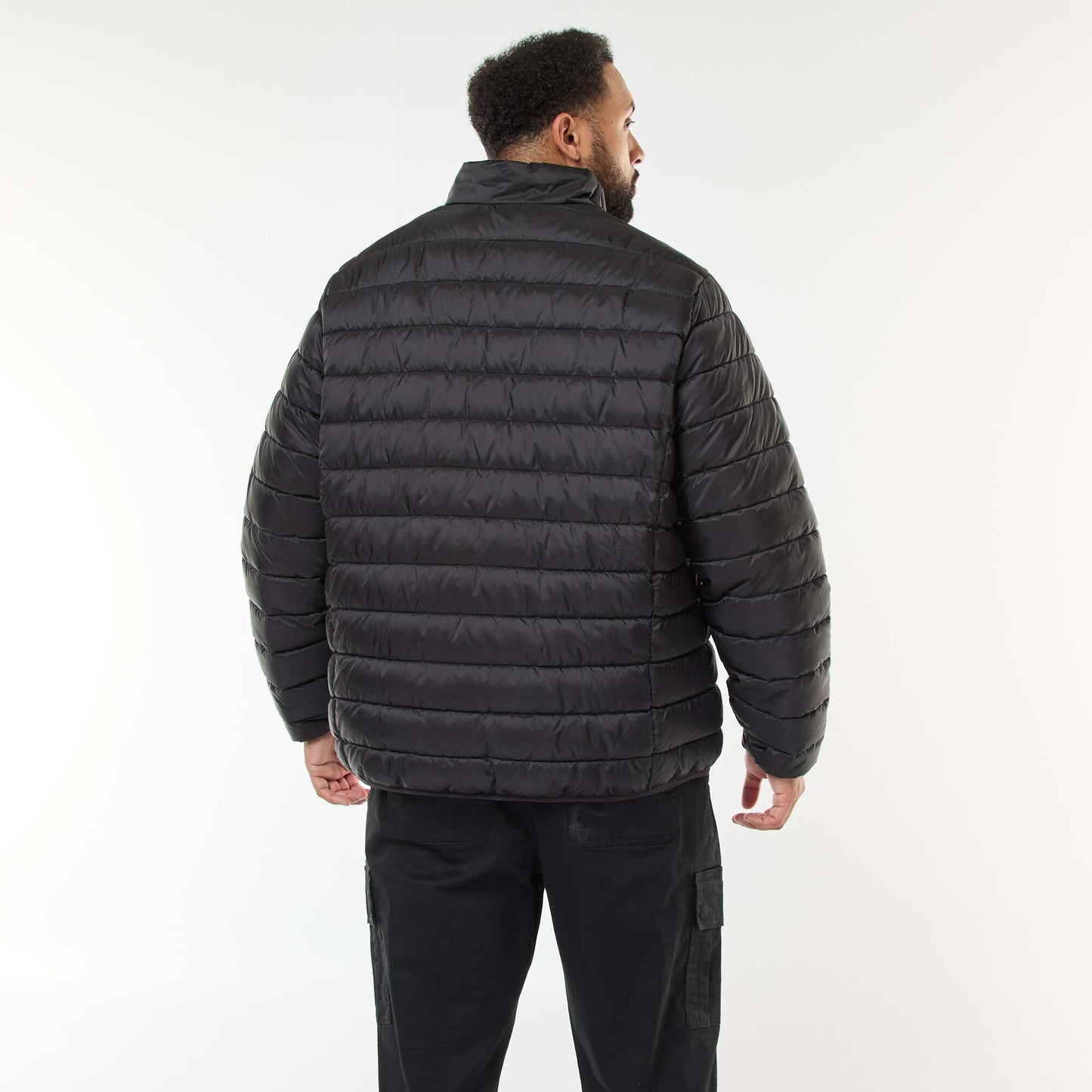 Lightweight Solid Puffer Jacket with Long Sleeves and Stand-Up Collar BLACK