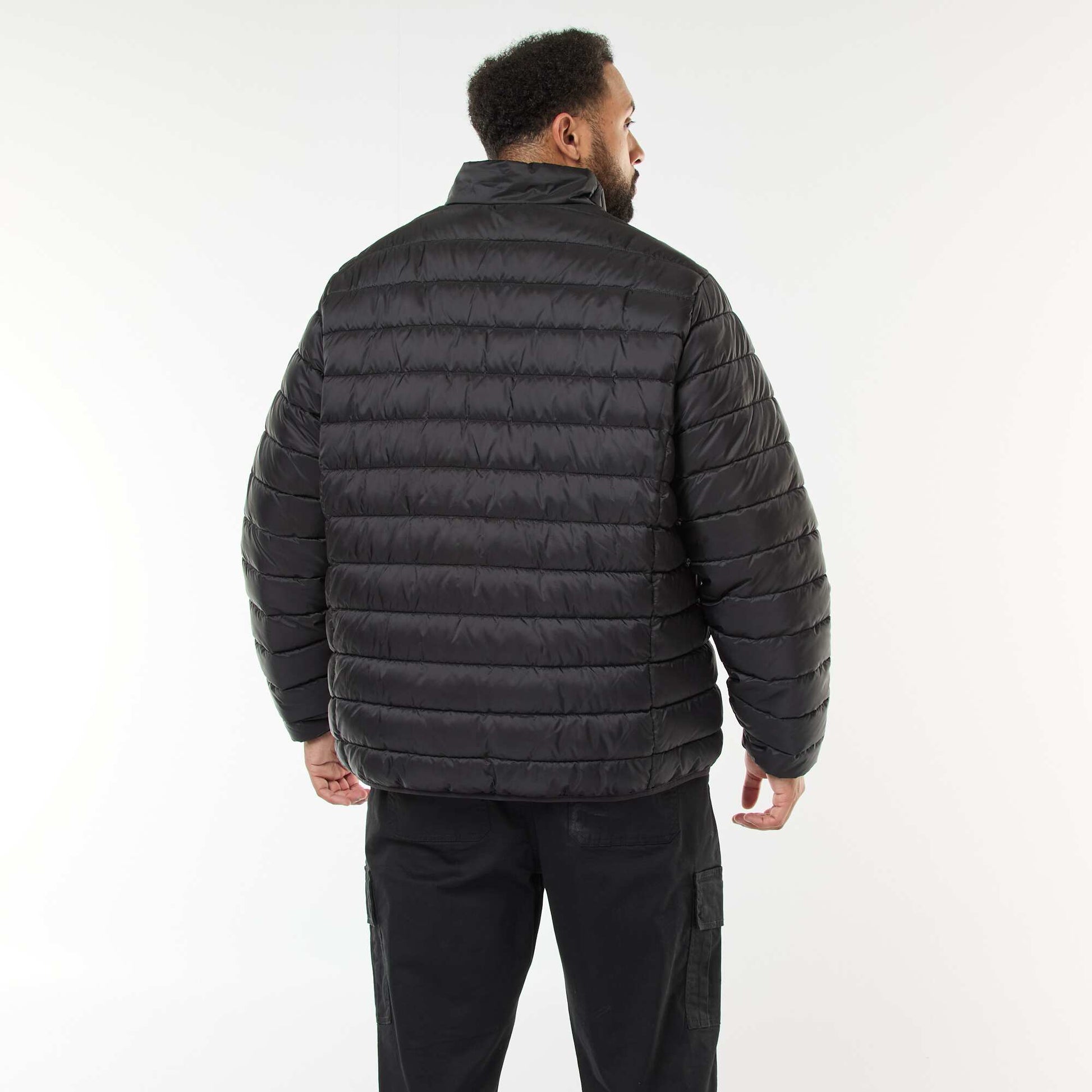 Lightweight Solid Puffer Jacket with Long Sleeves and Stand-Up Collar BLACK