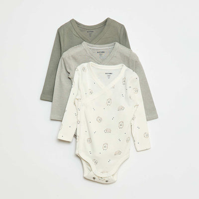 3-Pack of Long-Sleeve Bodysuits with Snap Fastening GREEN
