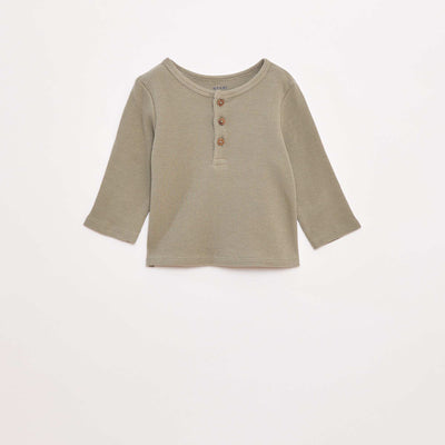 Waffle-knit fabric T-shirt with henley collar GREEN