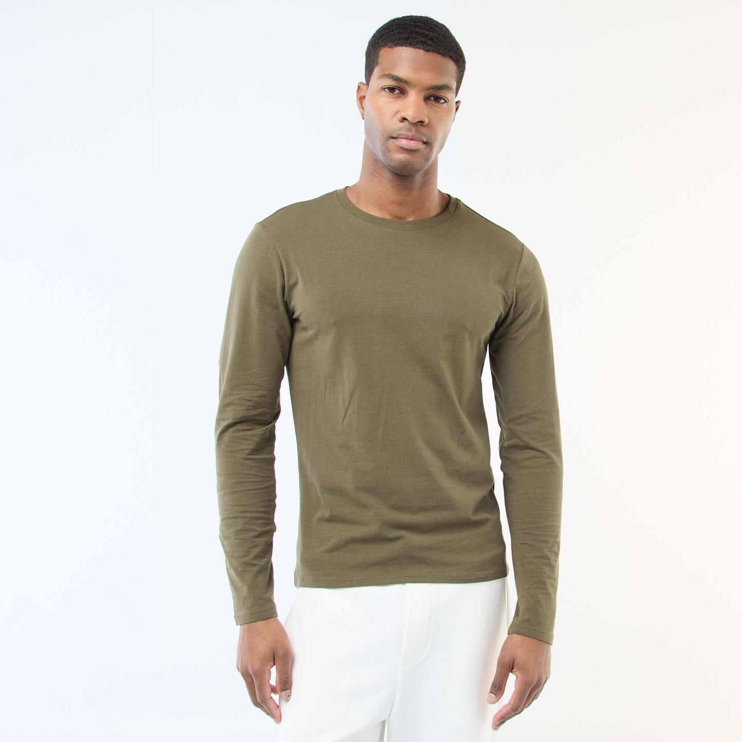 Plain Long-Sleeved Crew Neck T-Shirt KHAKI