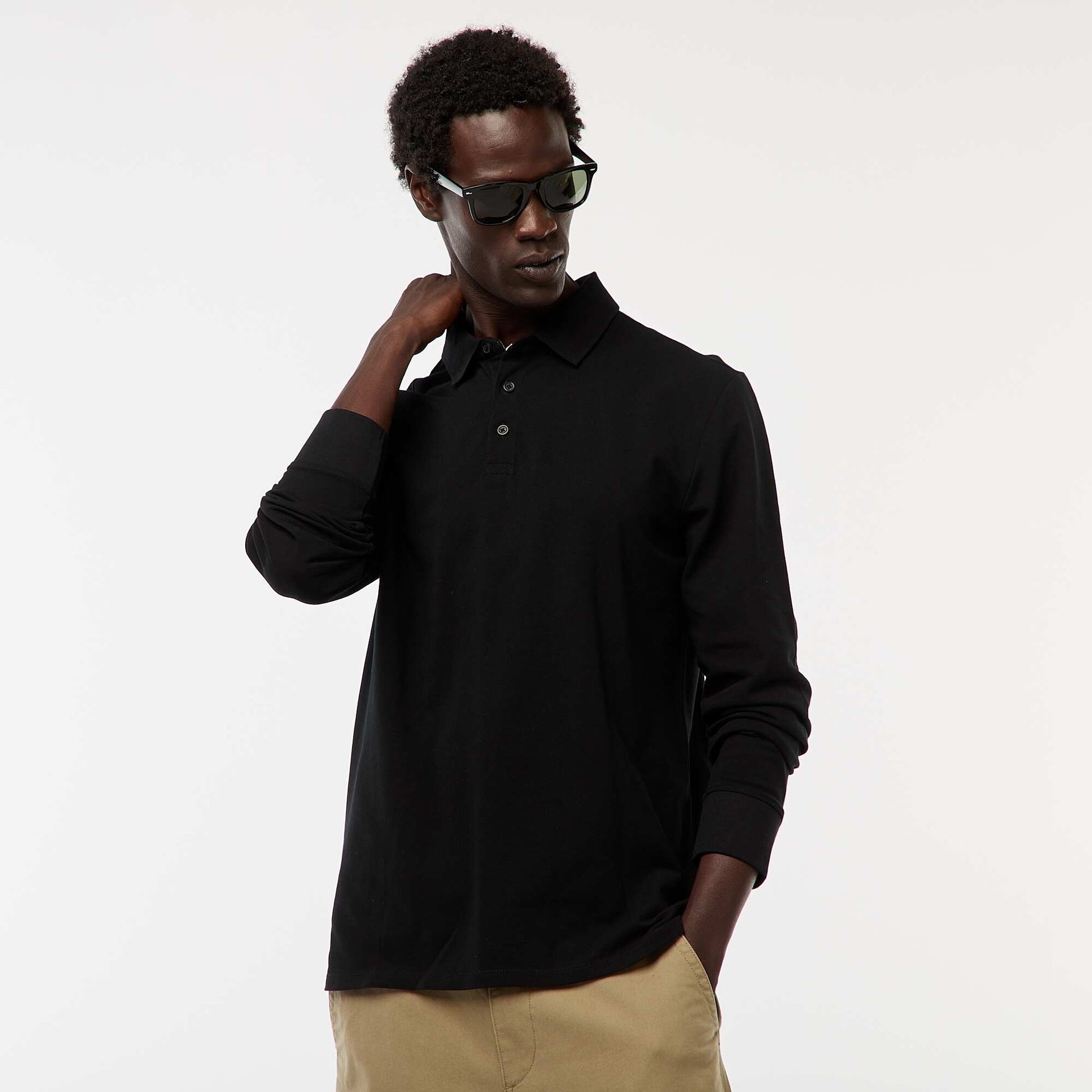 Plain long-sleeved piqué knit polo shirt BLACK