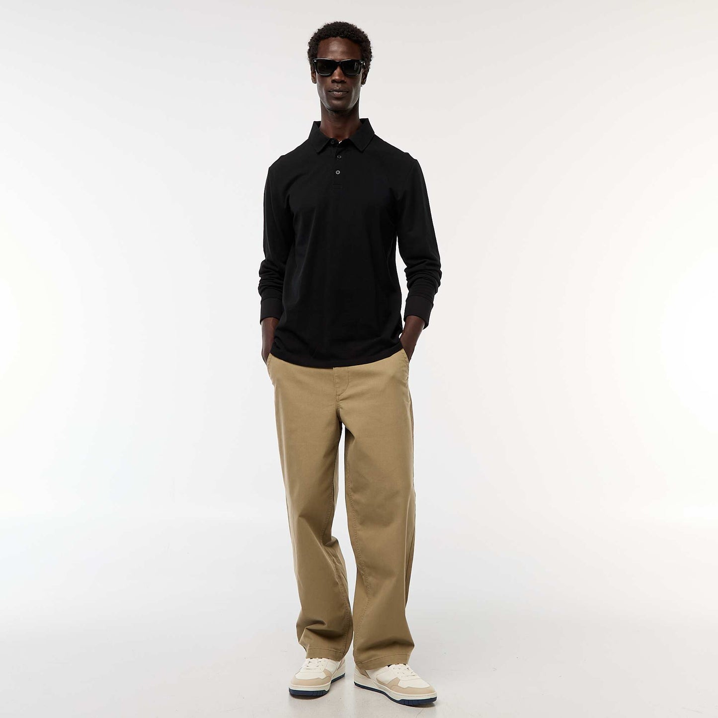 Plain long-sleeved piqué knit polo shirt BLACK