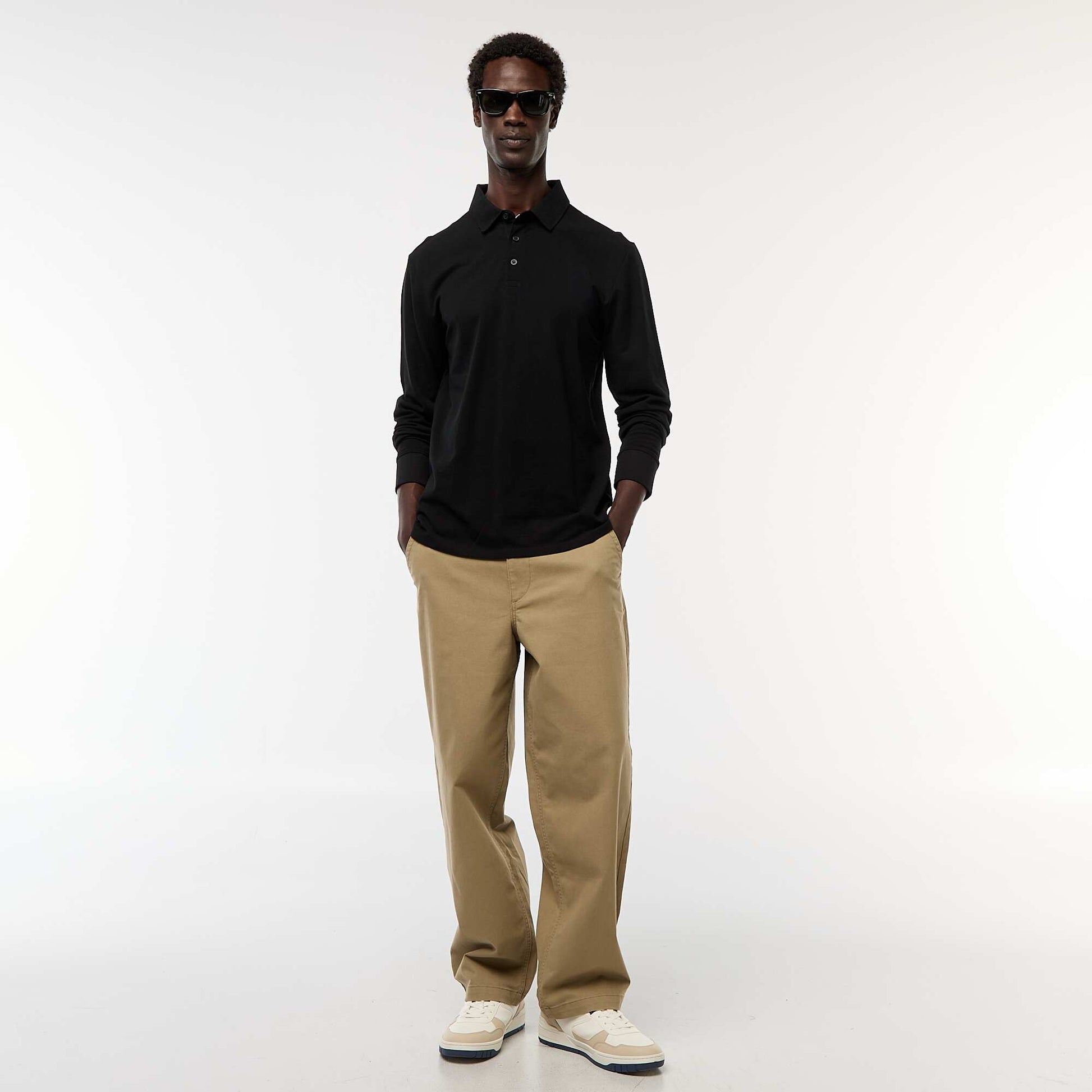 Plain long-sleeved piqué knit polo shirt BLACK