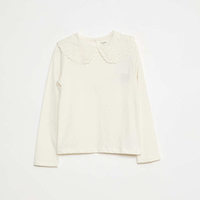 Cotton T-shirt with Embroidered Collar WHITE
