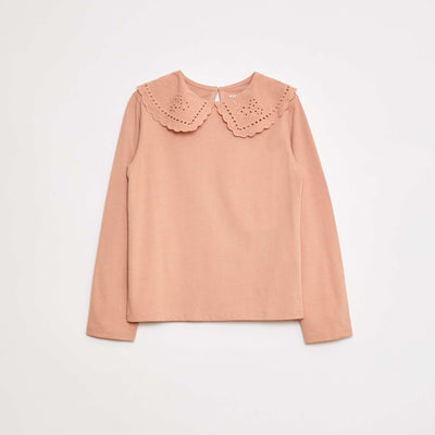 Cotton T-shirt with Embroidered Collar PINK