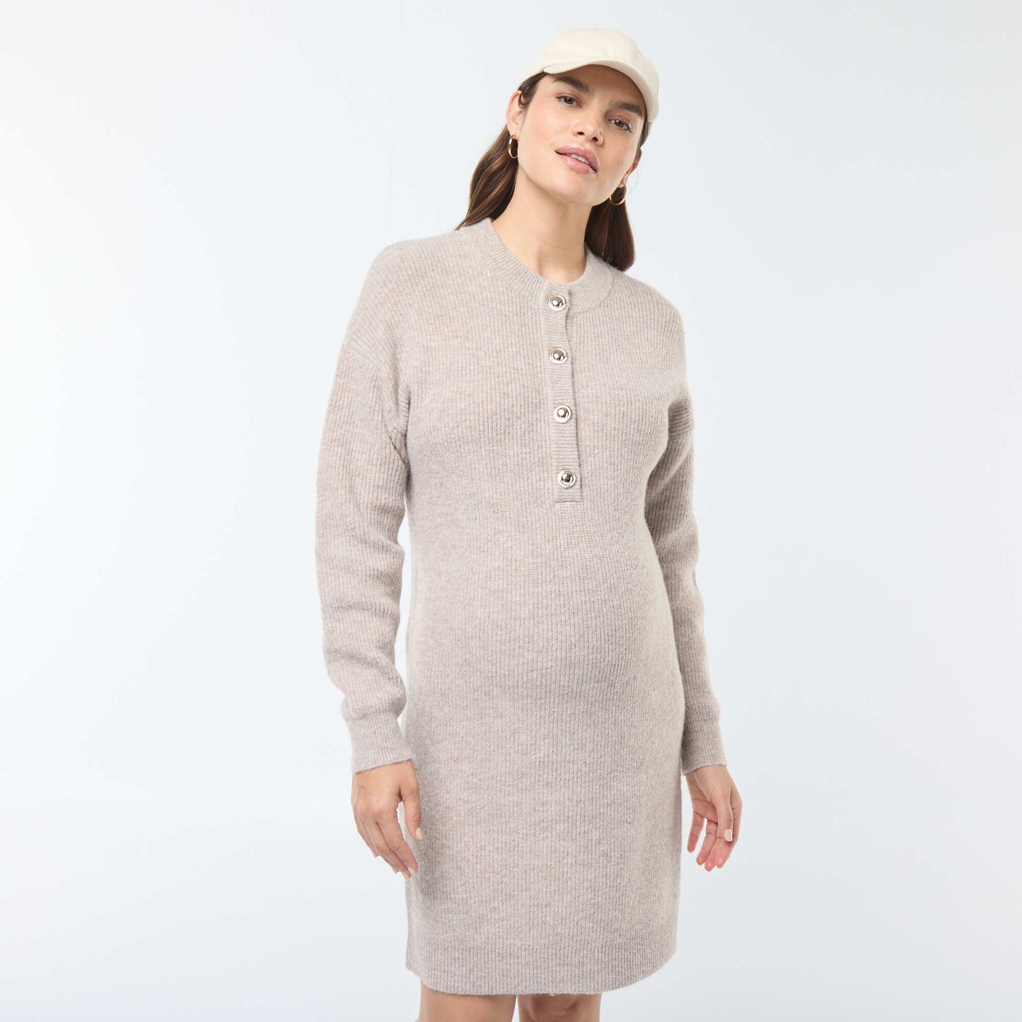 Nursing sweater dress with button fastening BEIGE