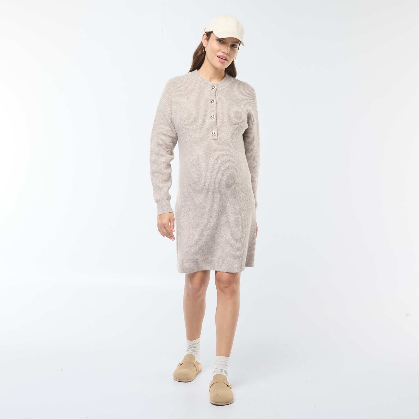 Nursing sweater dress with button fastening BEIGE