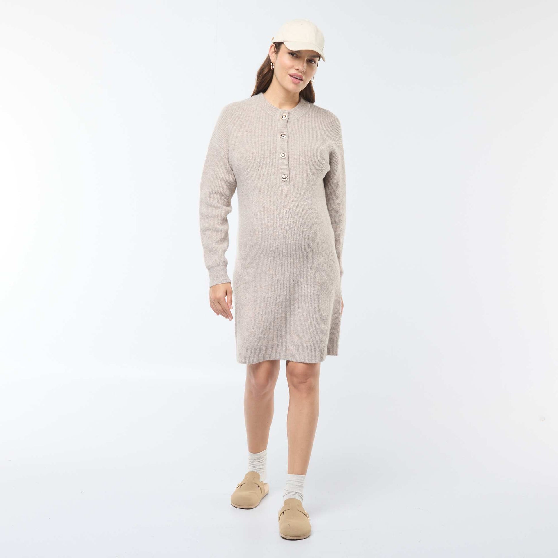 Nursing sweater dress with button fastening BEIGE