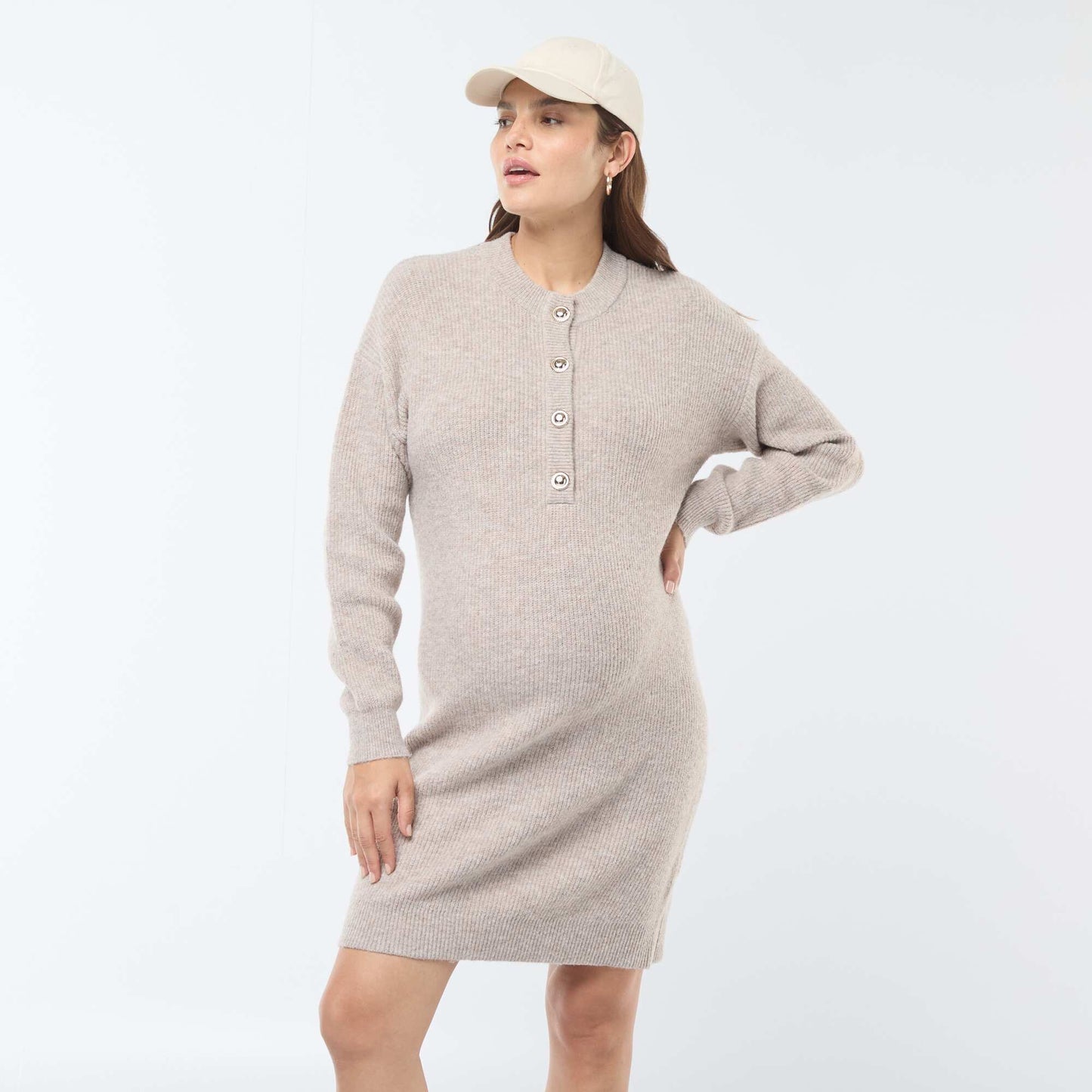 Nursing sweater dress with button fastening BEIGE