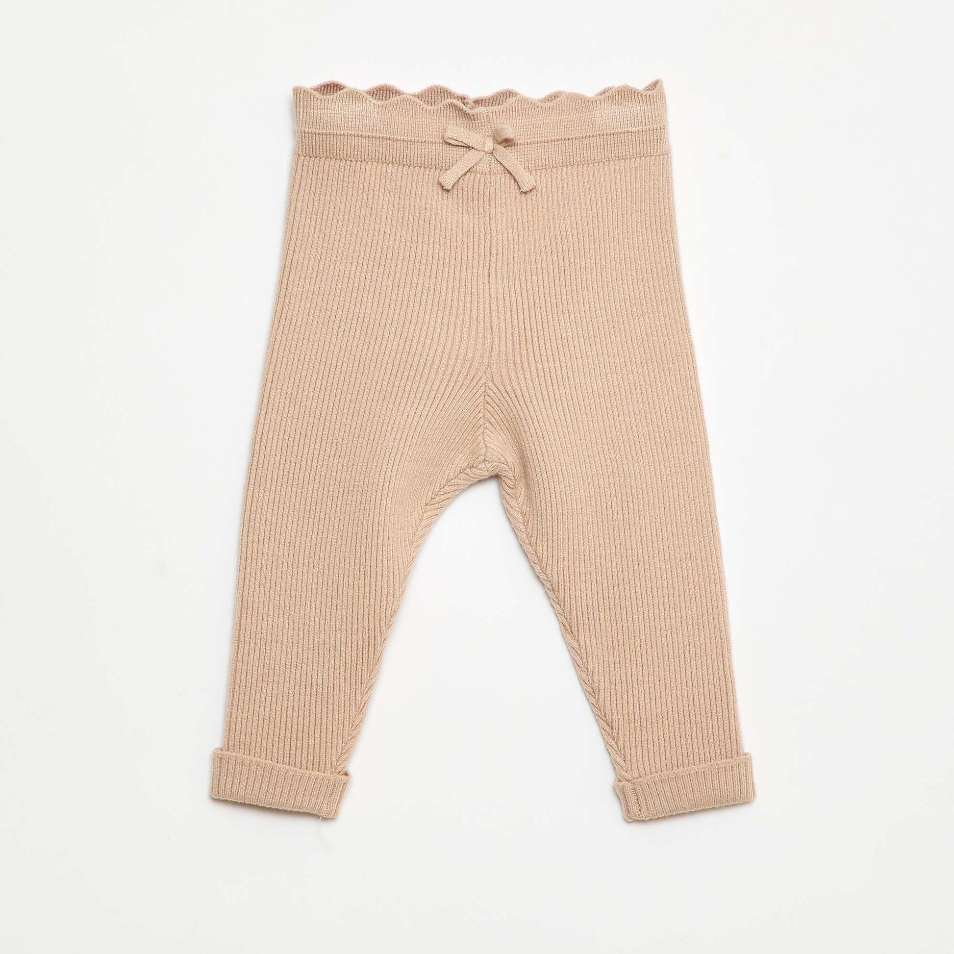 Ribbed Leggings with Decorative Bow BEIGE