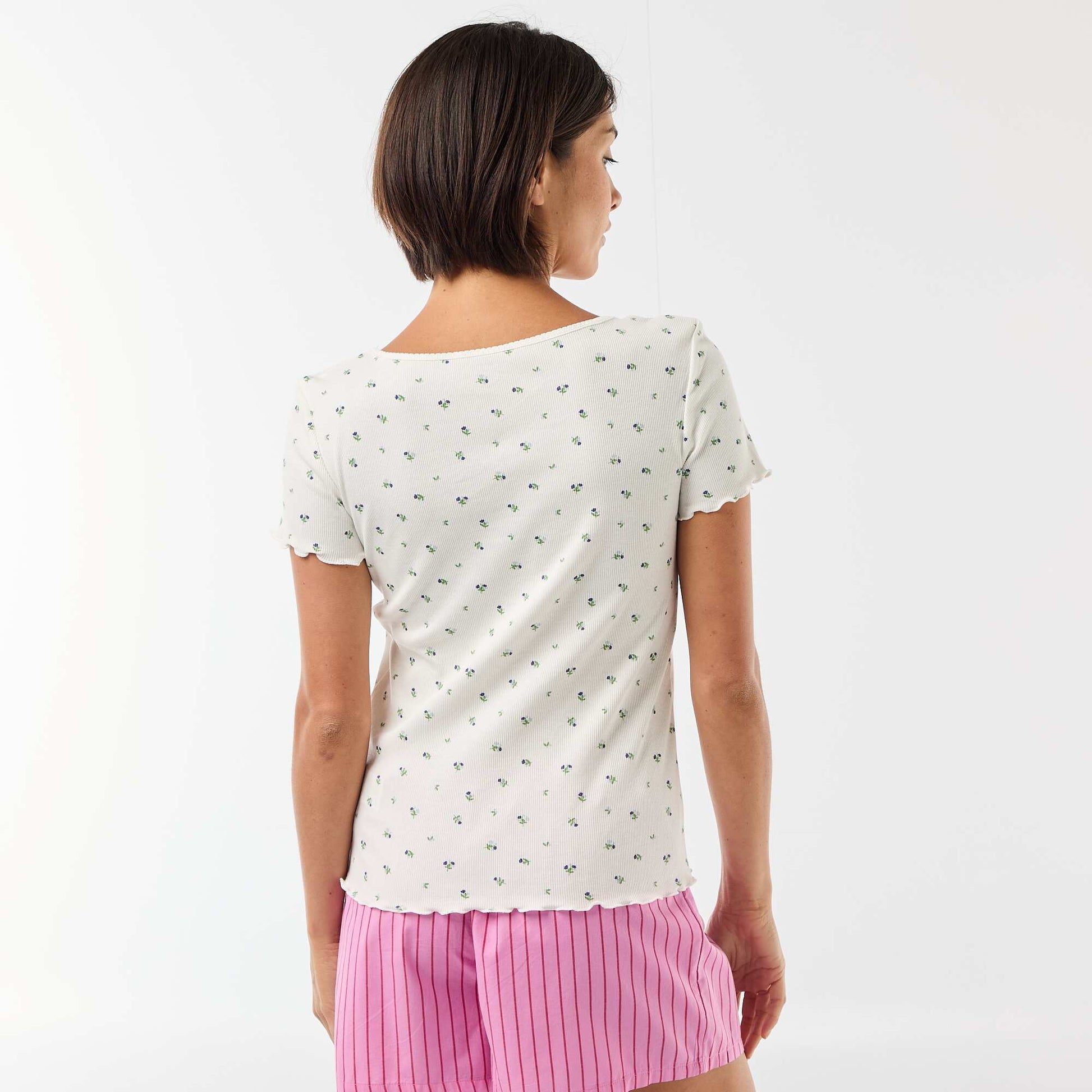 Solid Ribbed Knit Short-Sleeve T-Shirt WHITE