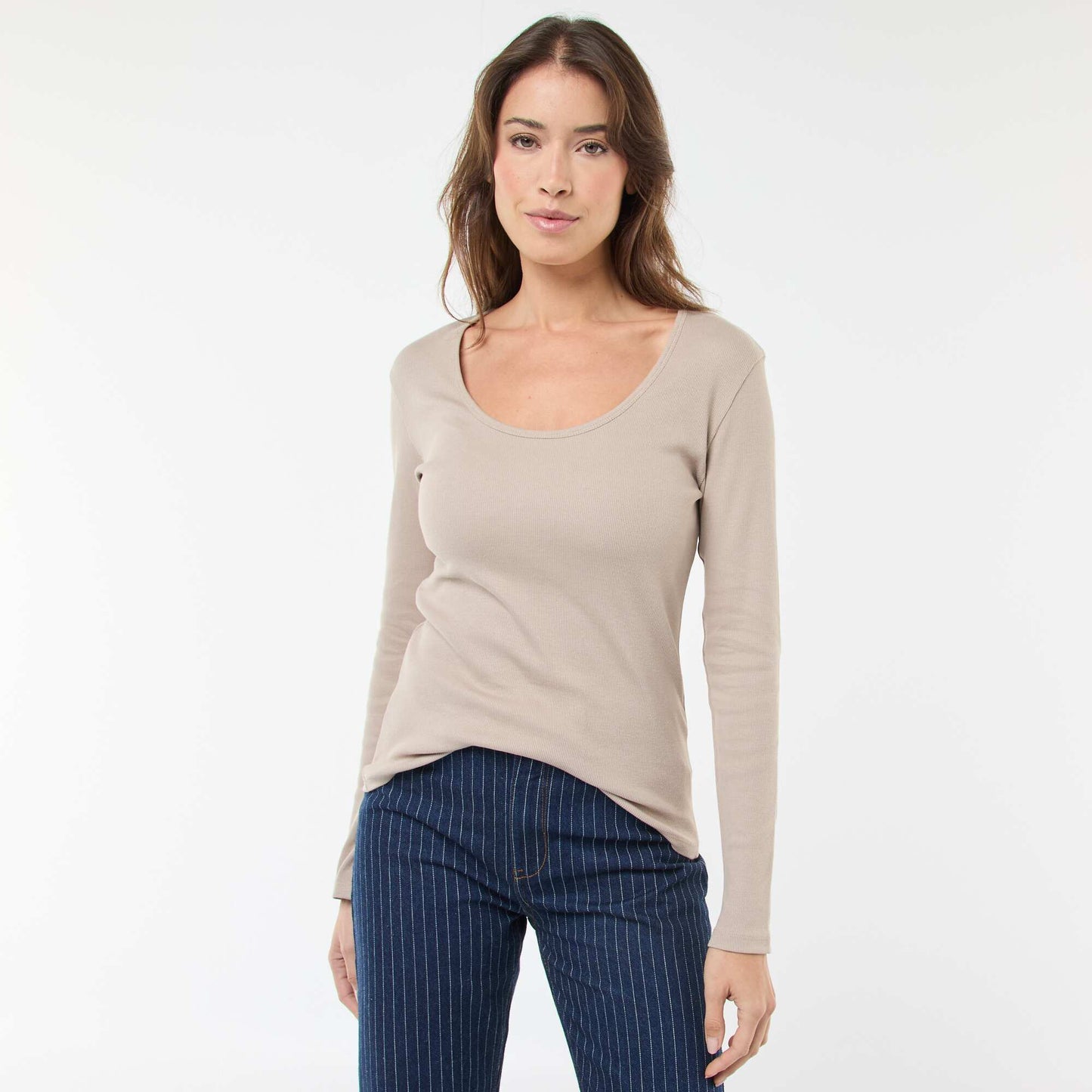 Long-Sleeved Ribbed T-Shirt BEIGE