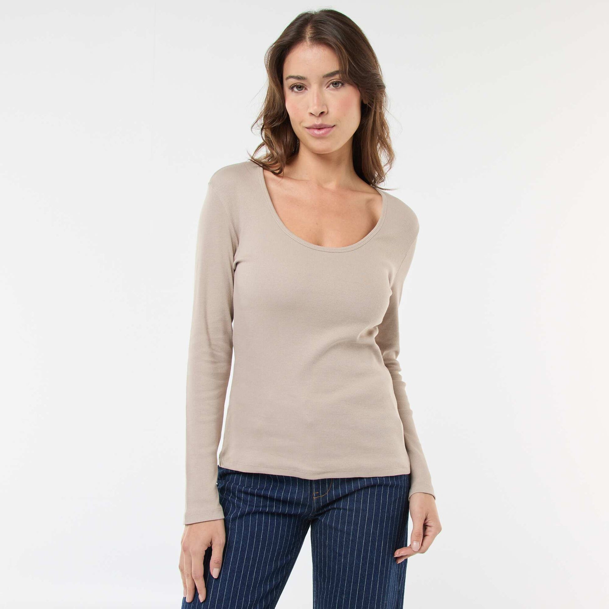 Long-Sleeved Ribbed T-Shirt BEIGE
