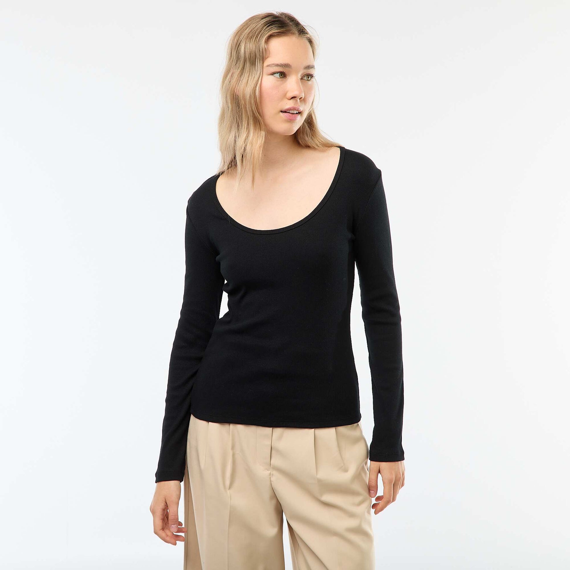 Long-Sleeved Ribbed T-Shirt BLACK