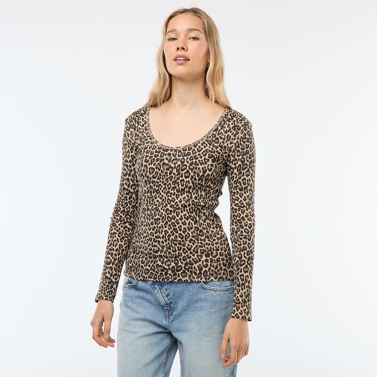 Long-Sleeved Ribbed T-shirt BEIGE