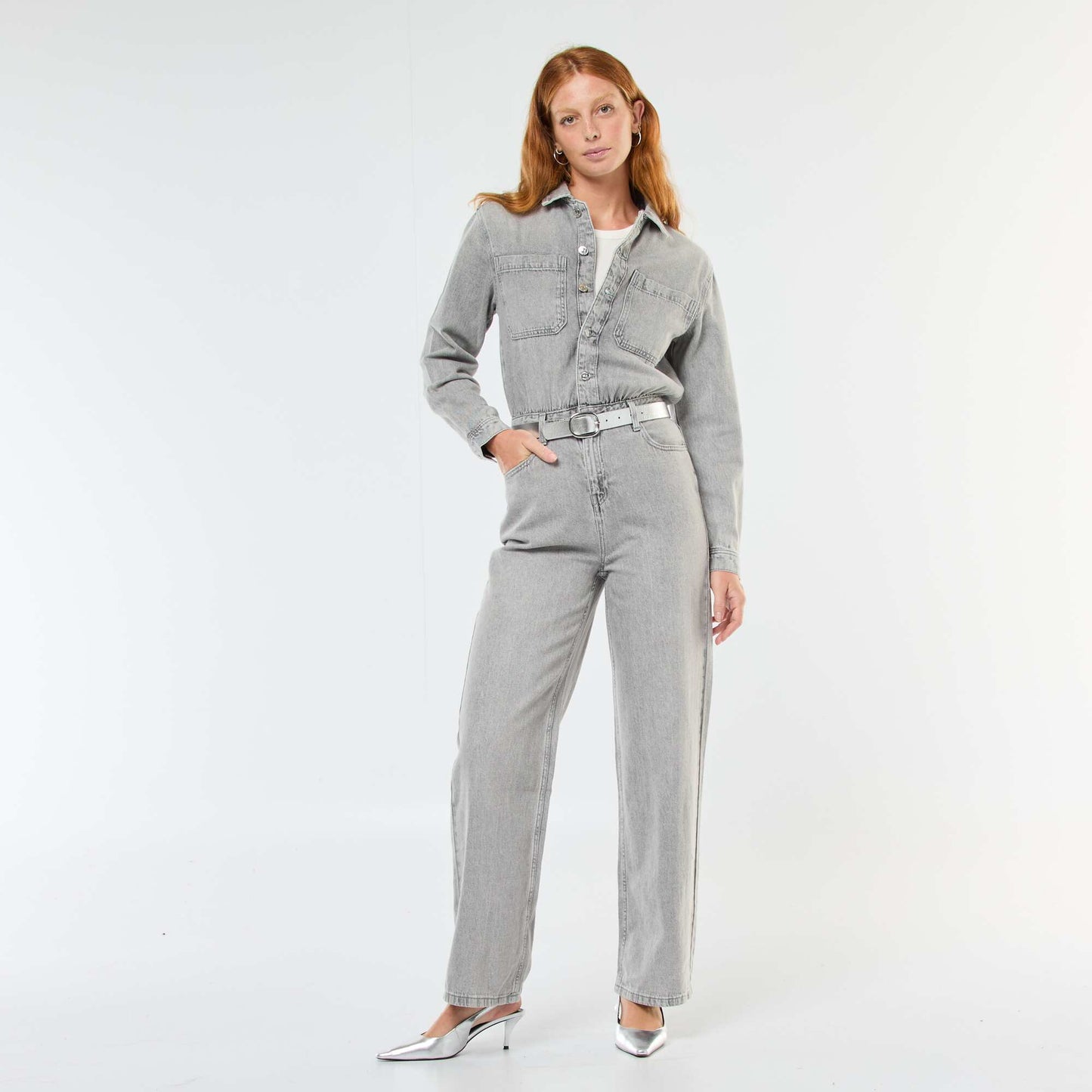 Long-Sleeve Denim Jumpsuit GREY