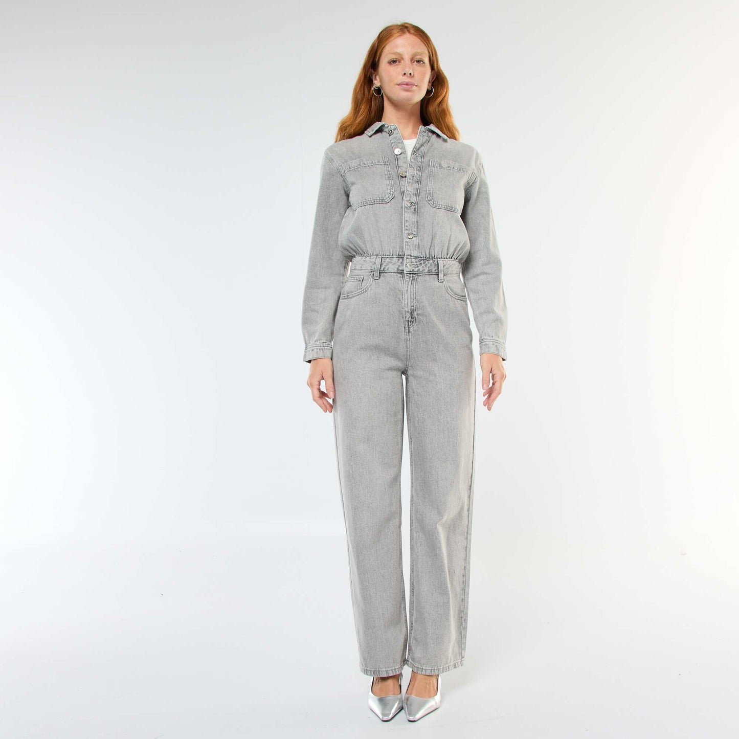 Long-Sleeve Denim Jumpsuit GREY