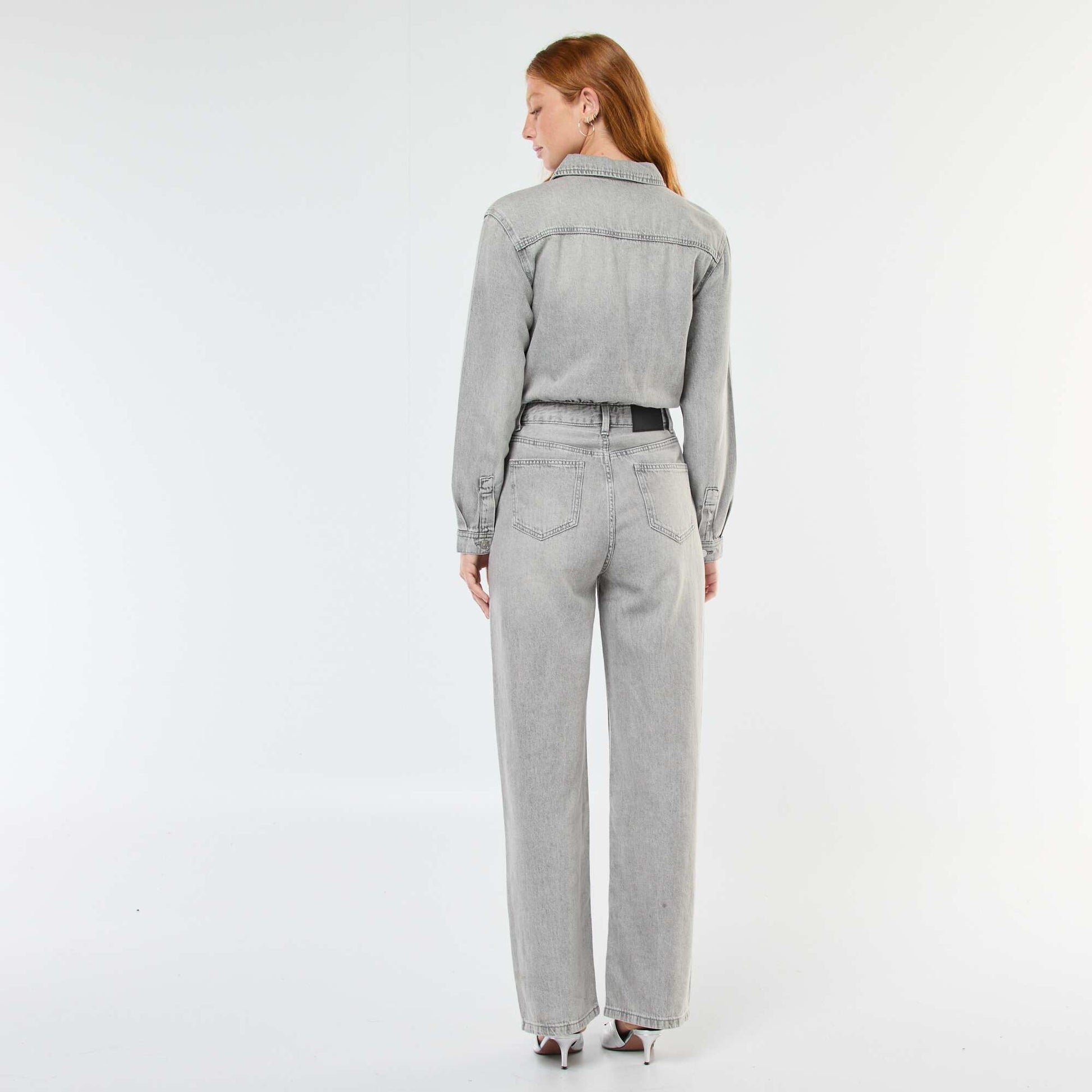 Long-Sleeve Denim Jumpsuit GREY