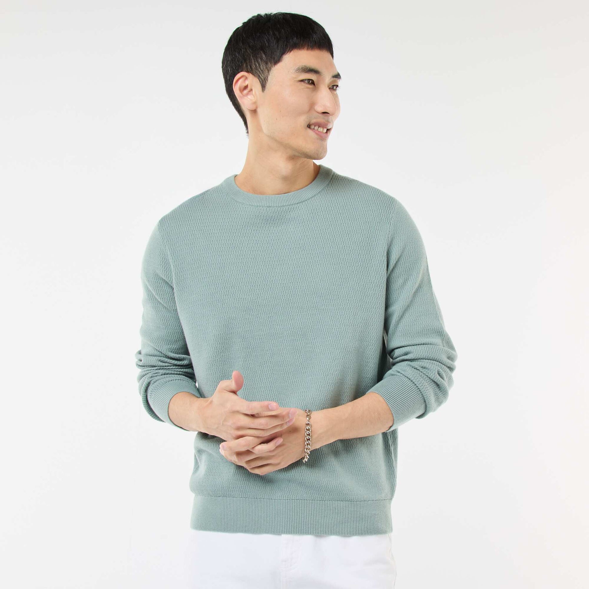 Textured Knit Crew Neck Sweater BLUE