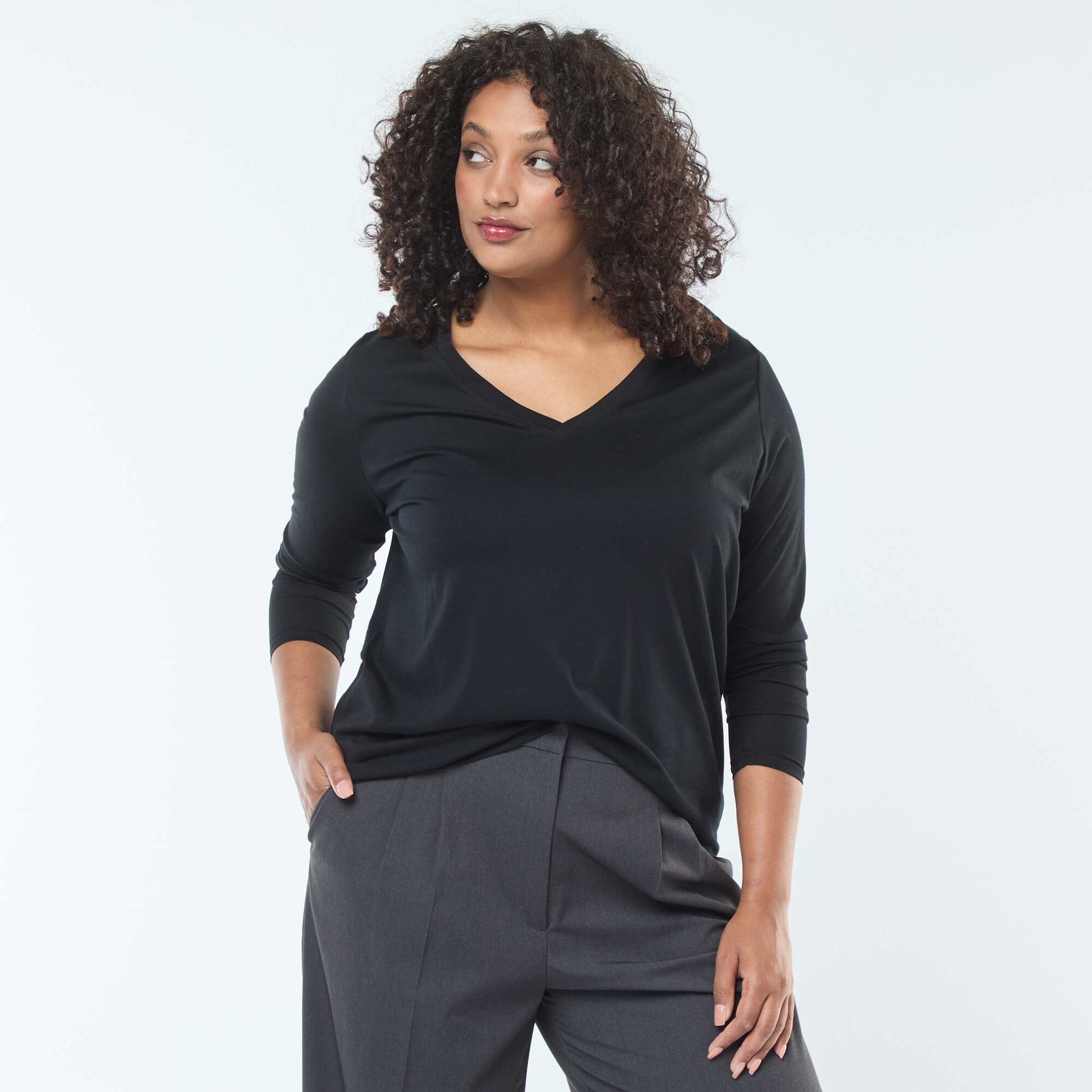 Jersey V-neck Long-Sleeve T-shirt BLACK