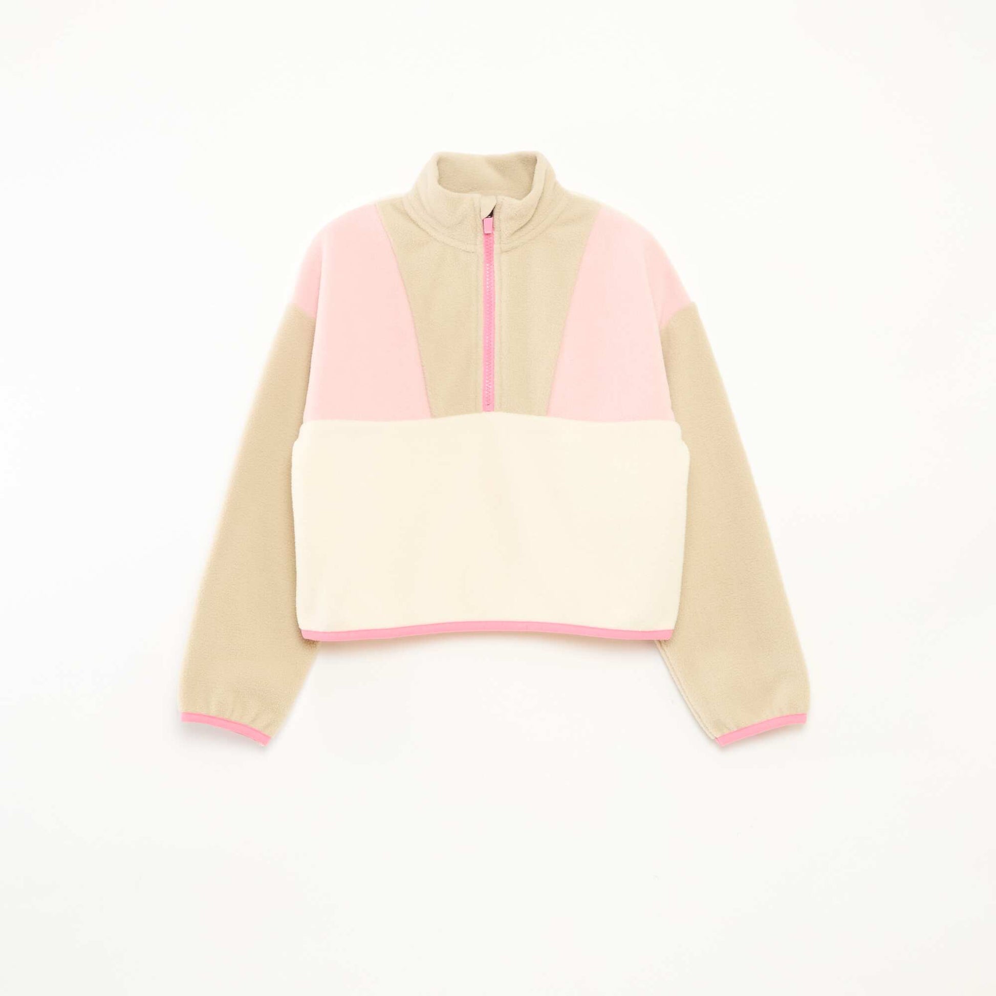 Fleece Trucker Neck Sweatshirt with Trim BEIGE