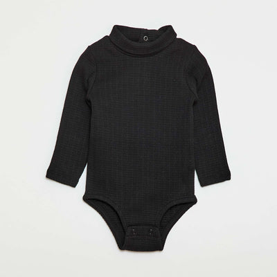 Pointelle Knit Bodysuit with High Neck BLACK