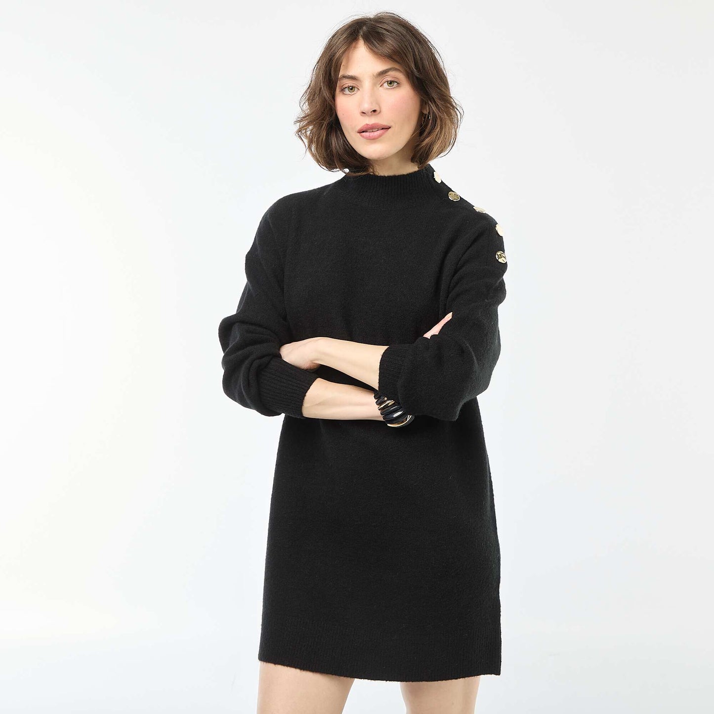 Knit Dress with Decorative Buttons BLACK