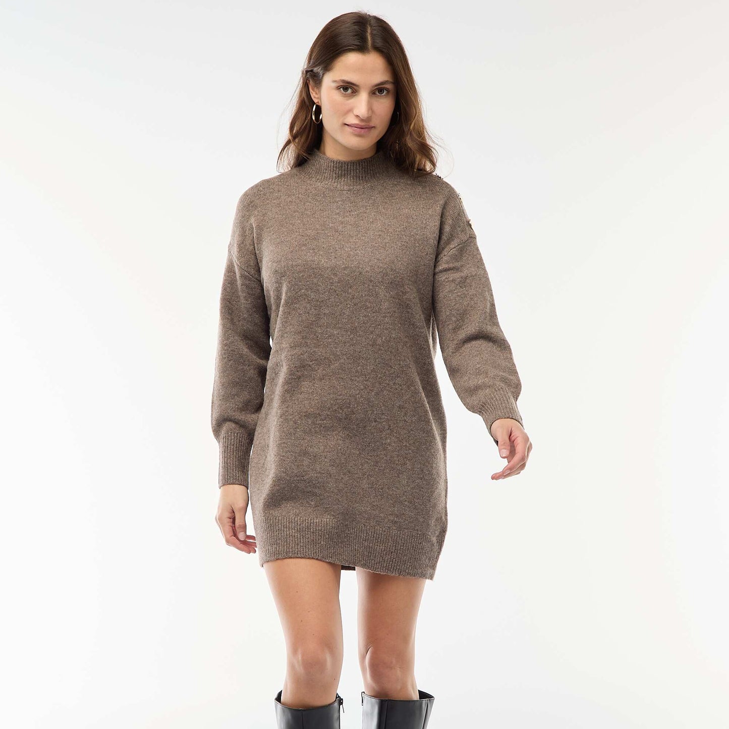 Sweater dress with decorative buttons BROWN