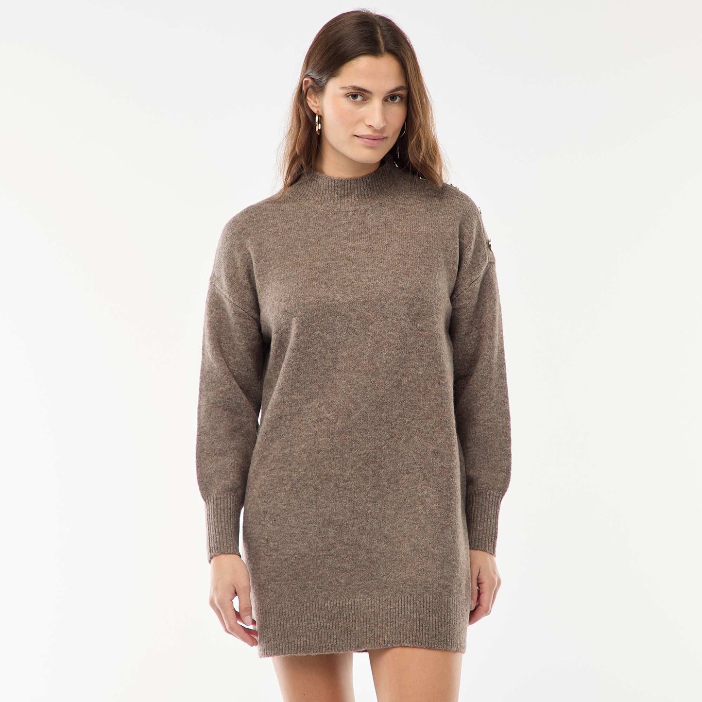 Sweater dress with decorative buttons BROWN