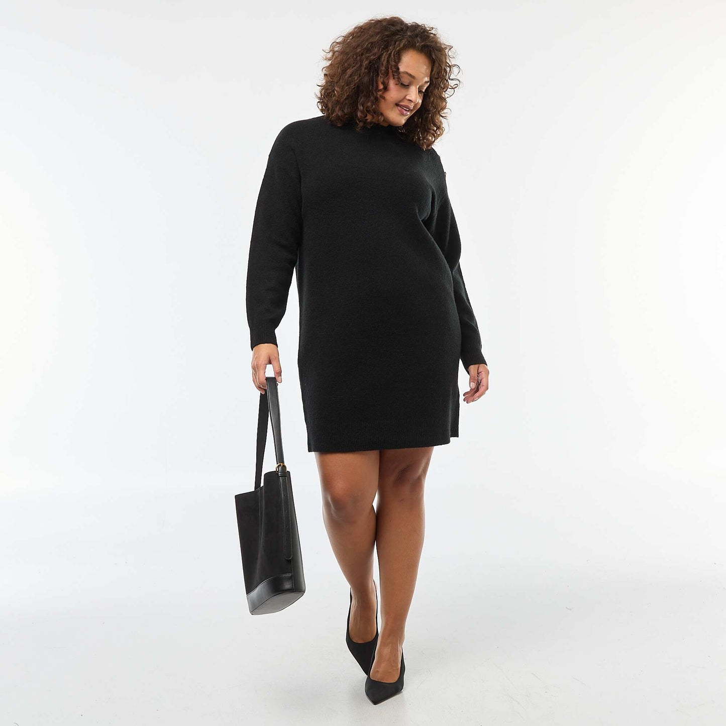 Sweater dress with decorative shoulder buttons BLACK