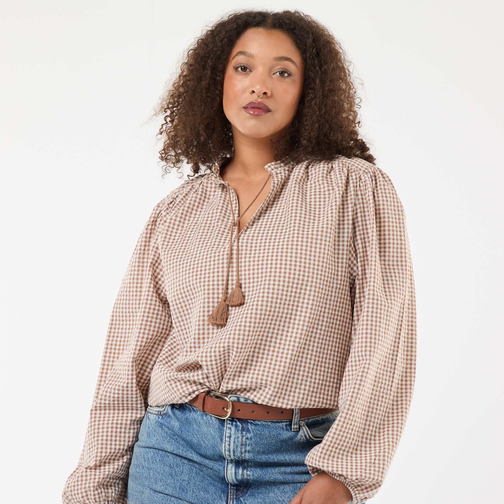 Flowy Gingham Check Blouse BEIGE