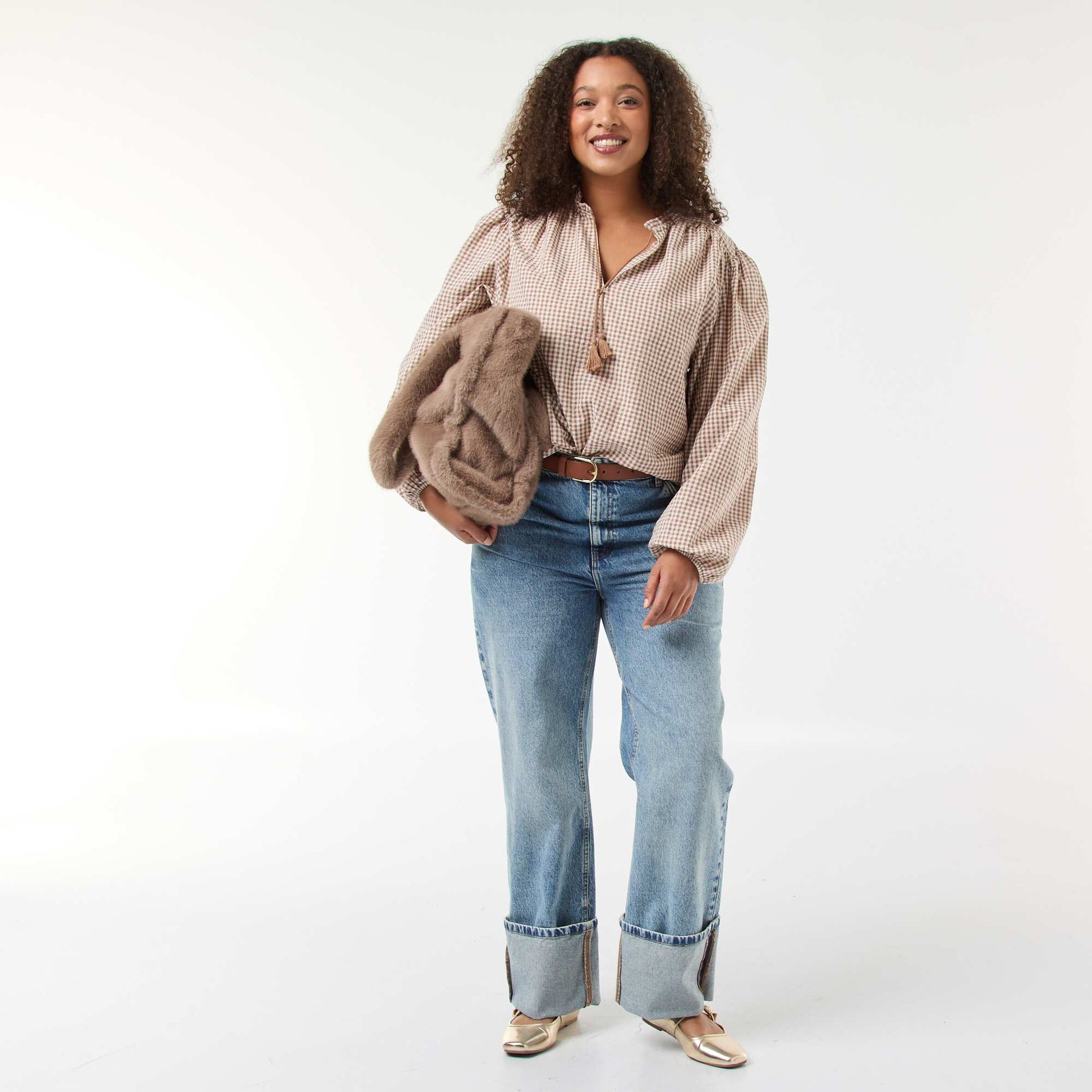 Flowy Gingham Check Blouse BEIGE