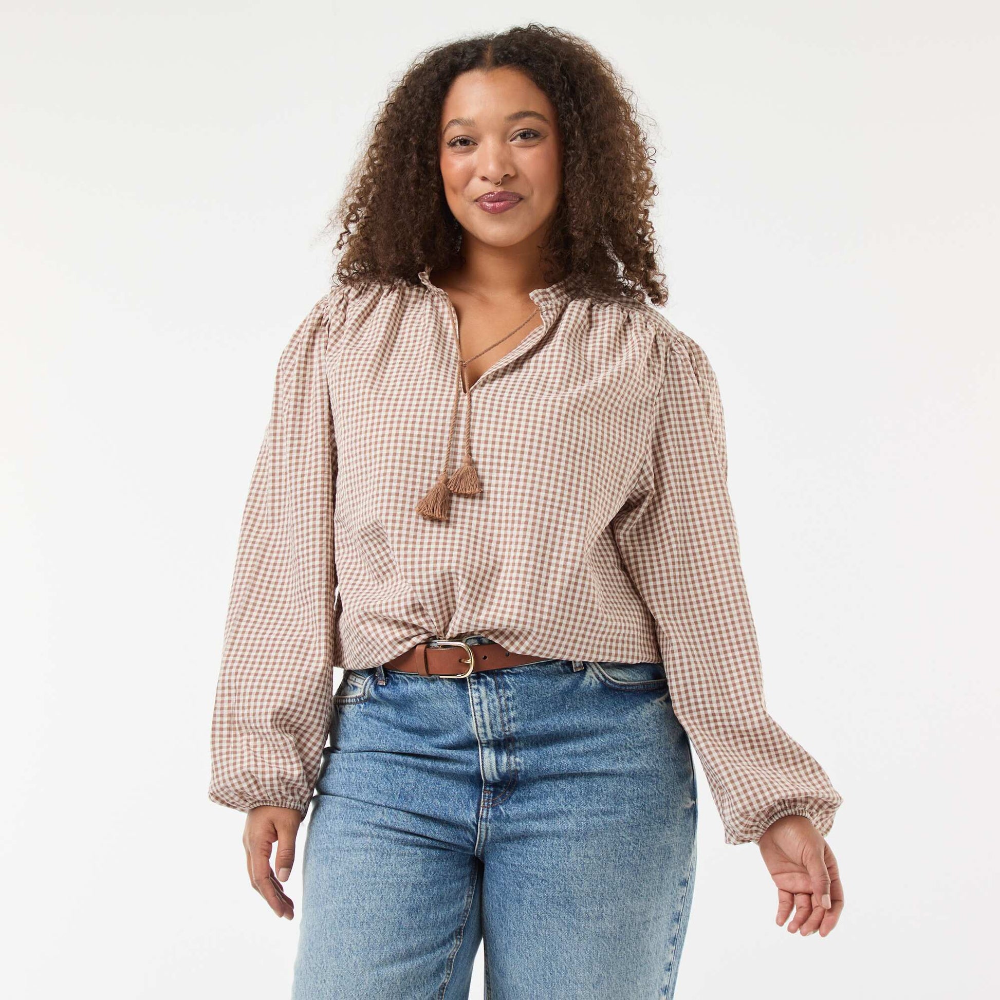 Flowy Gingham Check Blouse BEIGE