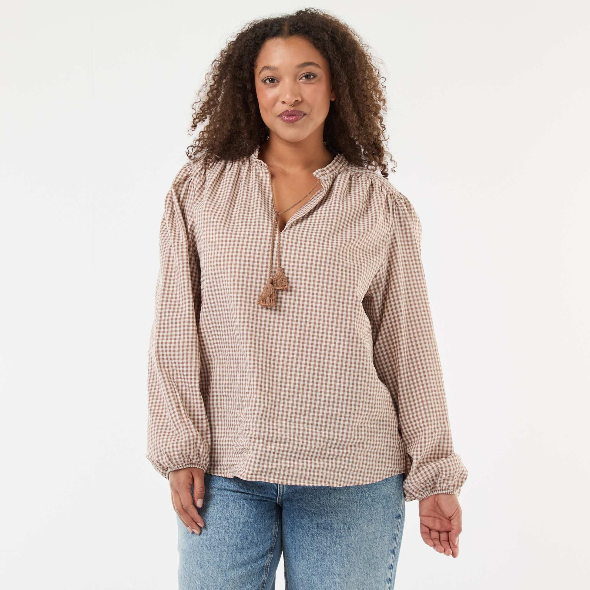 Flowy Gingham Check Blouse BEIGE